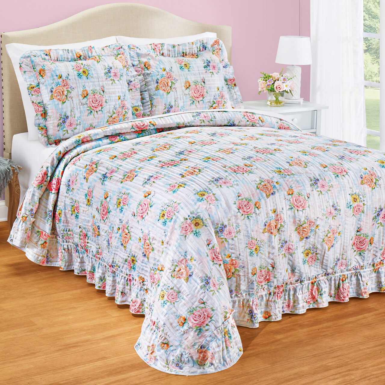 Collections Etc Juliana Watercolor Pastel Floral Plissé Bedspread